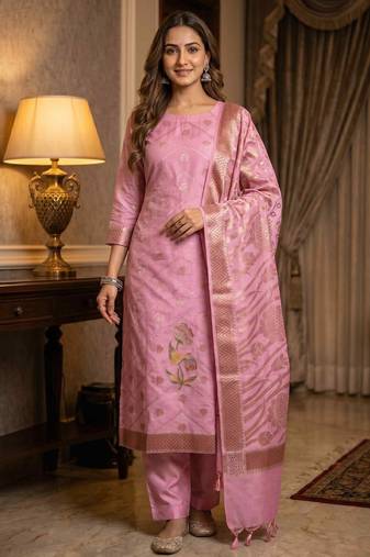 Banarasi cotton semi silk 3pcs unstiched dress material in  pink colour with floral zari & rangkart work