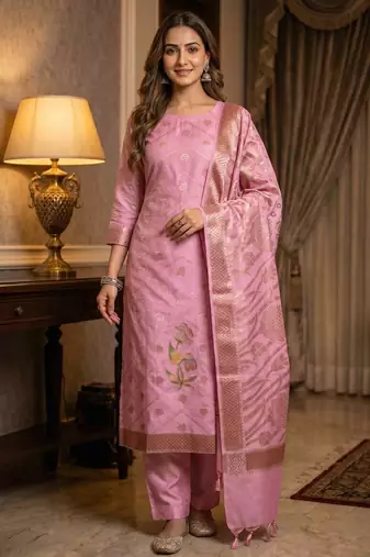 Banarasi cotton semi silk 3pcs unstiched dress material in  pink colour with floral zari & rangkart work