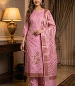 Banarasi cotton semi silk 3pcs unstiched dress material in  pink colour with floral zari & rangkart work