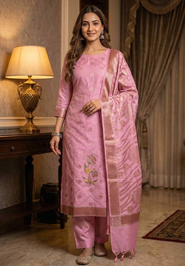 Banarasi cotton semi silk 3pcs unstiched dress material in  pink colour with floral zari & rangkart work