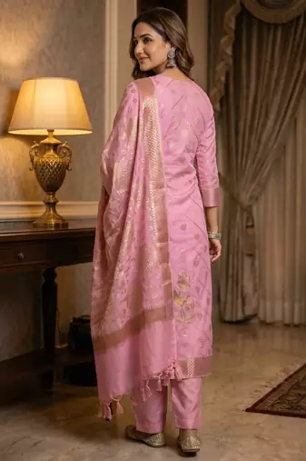 Banarasi cotton semi silk 3pcs unstiched dress material in  pink colour with floral zari & rangkart work