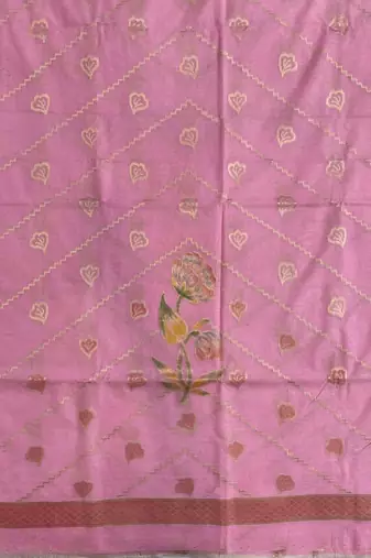 Banarasi cotton semi silk 3pcs unstiched dress material in  pink colour with floral zari & rangkart work