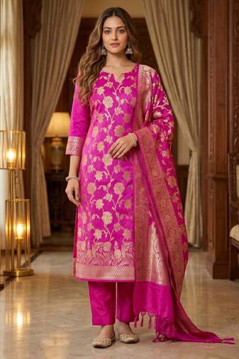Banarasi cotton semi silk 3pcs unstiched dress material in rani pink colour with floral zari  work