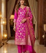 Banarasi cotton semi silk 3pcs unstiched dress material in rani pink colour with floral zari  work