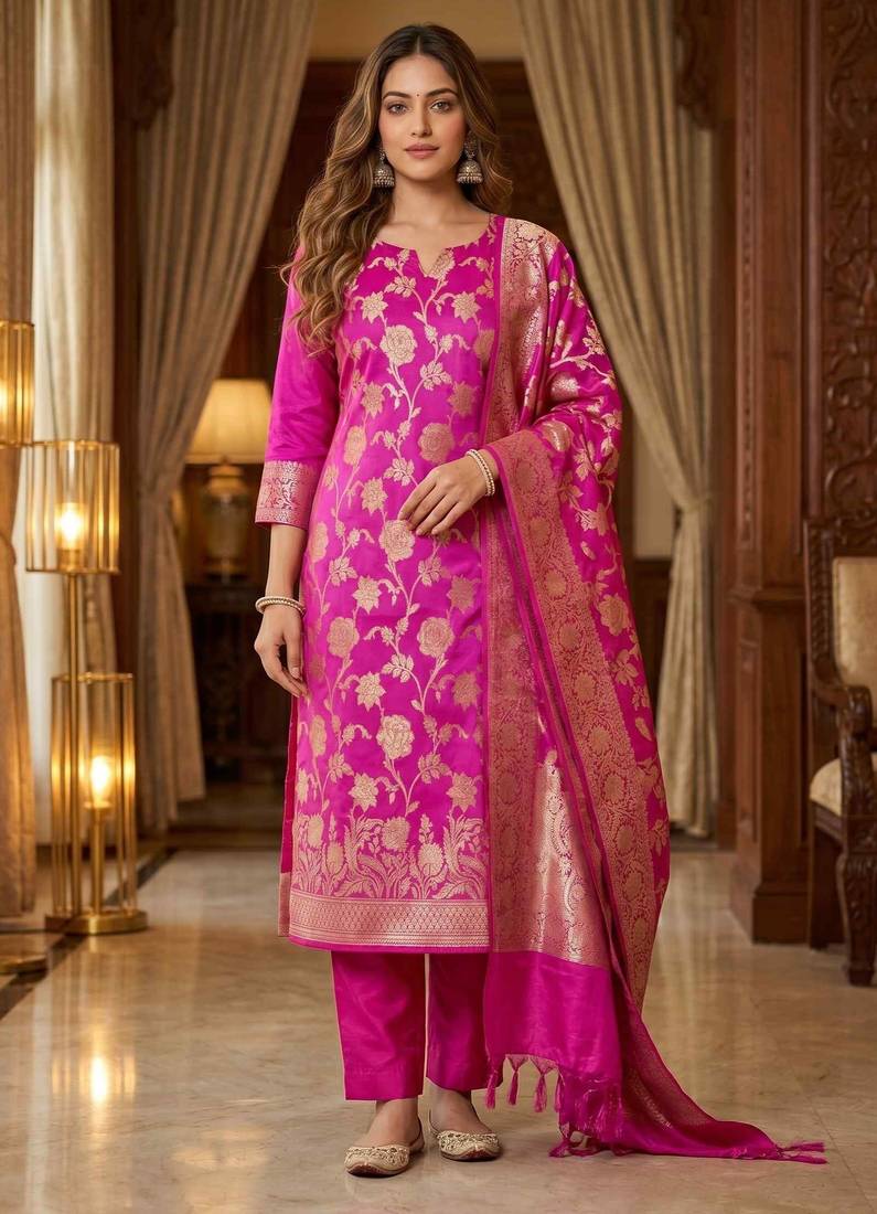 Banarasi cotton semi silk 3pcs unstiched dress material in rani pink colour with floral zari  work