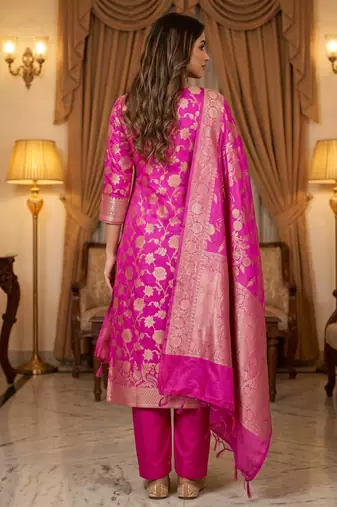 Banarasi cotton semi silk 3pcs unstiched dress material in rani pink colour with floral zari  work