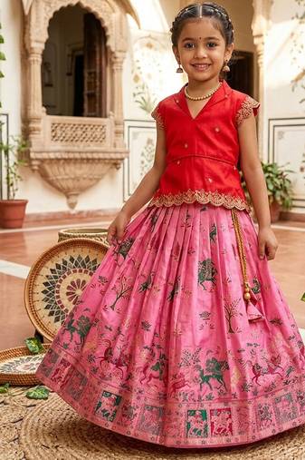 Girls red embroidered peplum top with position printed lehengha set