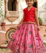 Girls red embroidered peplum top with position printed lehengha set
