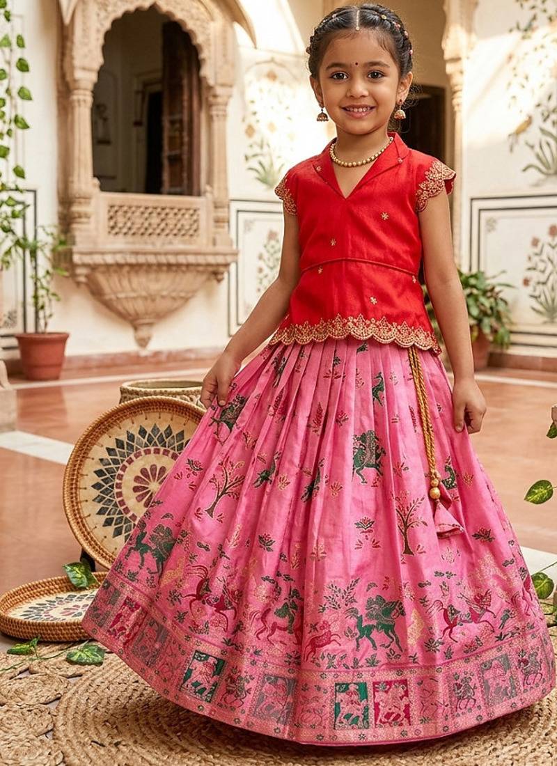 Girls red embroidered peplum top with position printed lehengha set