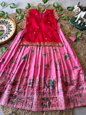Girls red embroidered peplum top with position printed lehengha set 2