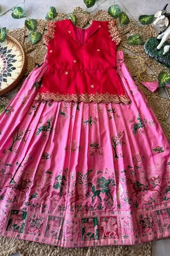 Girls red embroidered peplum top with position printed lehengha set
