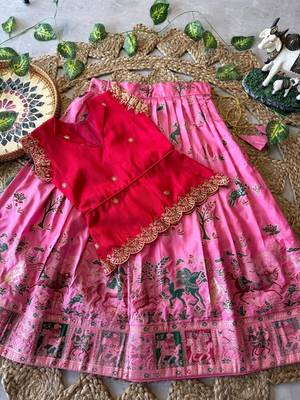 Girls red embroidered peplum top with position printed lehengha set 3