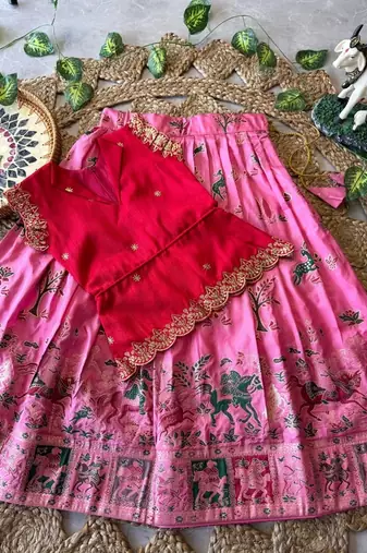 Girls red embroidered peplum top with position printed lehengha set