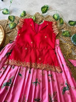 Girls red embroidered peplum top with position printed lehengha set 4