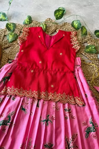 Girls red embroidered peplum top with position printed lehengha set