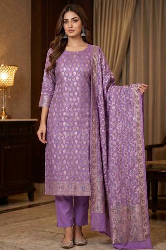 Banarasi cotton semi silk 3pcs unstiched dress material in lavender colour with zari booti work