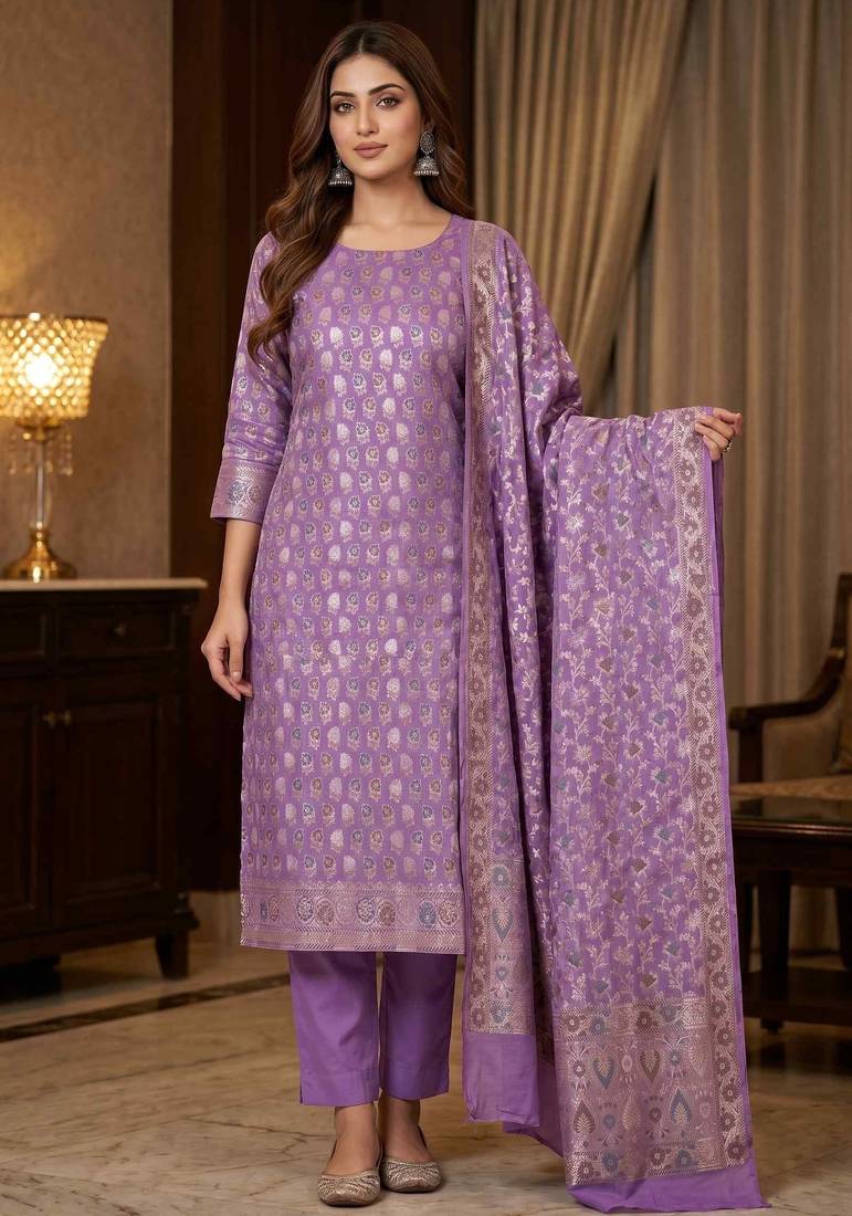 Banarasi cotton semi silk 3pcs unstiched dress material in lavender colour with zari booti work