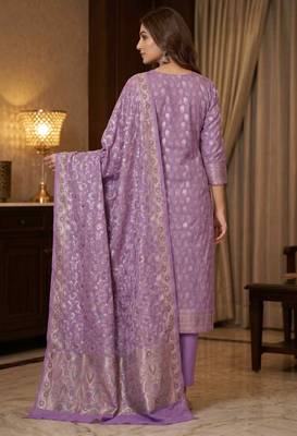 Banarasi cotton semi silk 3pcs unstiched dress material in lavender colour with zari booti work 2