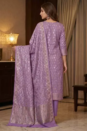 Banarasi cotton semi silk 3pcs unstiched dress material in lavender colour with zari booti work