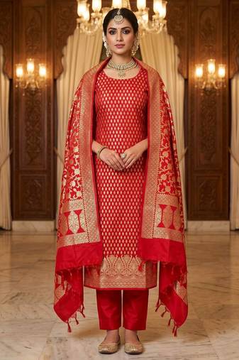 Banarasi cotton semi silk 3pcs unstiched dress material in red colour with zari booti work