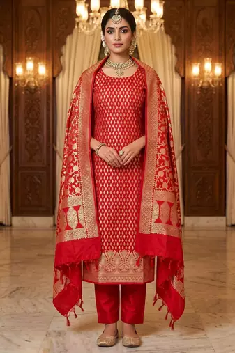 Banarasi cotton semi silk 3pcs unstiched dress material in red colour with zari booti work