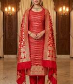 Banarasi cotton semi silk 3pcs unstiched dress material in red colour with zari booti work