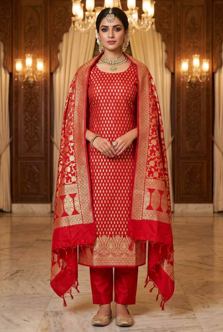 Banarasi cotton semi silk 3pcs unstiched dress material in red colour with zari booti work