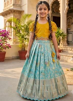 Girls yellow silk crop choli with zari weaving work wedding lehenga set 1