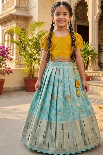 Girls yellow silk crop choli with zari weaving work wedding lehenga set
