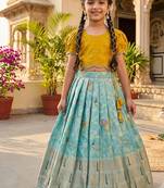 Girls yellow silk crop choli with zari weaving work wedding lehenga set