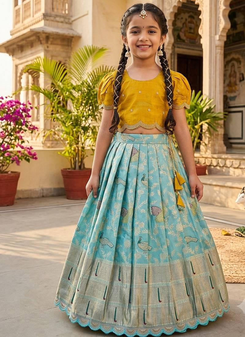 Girls yellow silk crop choli with zari weaving work wedding lehenga set