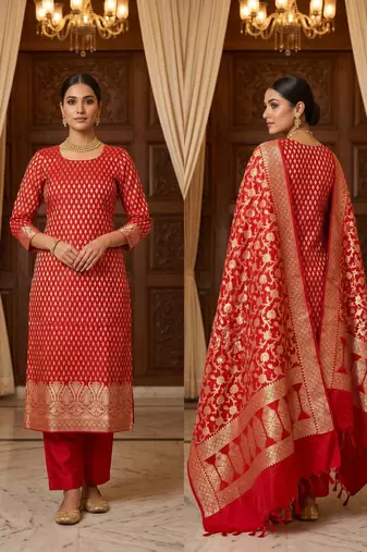Banarasi cotton semi silk 3pcs unstiched dress material in red colour with zari booti work