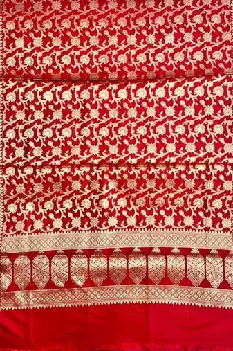 Banarasi cotton semi silk 3pcs unstiched dress material in red colour with zari booti work