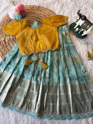 Girls yellow silk crop choli with zari weaving work wedding lehenga set 2
