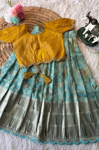 Girls yellow silk crop choli with zari weaving work wedding lehenga set