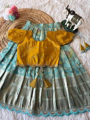 Girls yellow silk crop choli with zari weaving work wedding lehenga set 3
