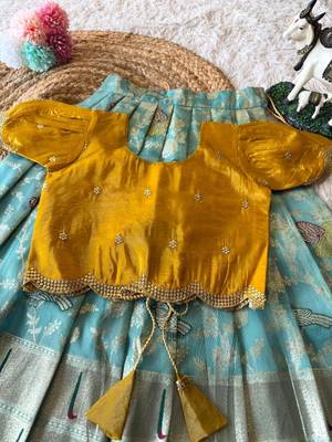 Girls yellow silk crop choli with zari weaving work wedding lehenga set 4