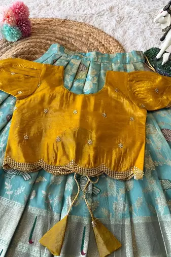 Girls yellow silk crop choli with zari weaving work wedding lehenga set