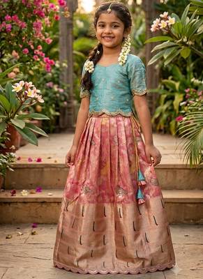 Girls skyblue silk crop choli with zari weaving work wedding lehenga set 1