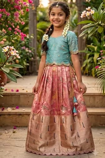 Girls skyblue silk crop choli with zari weaving work wedding lehenga set