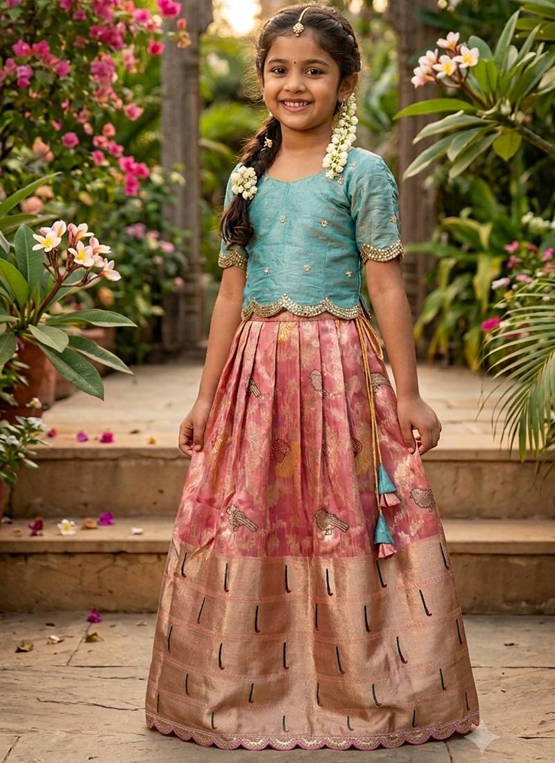 Girls skyblue silk crop choli with zari weaving work wedding lehenga set