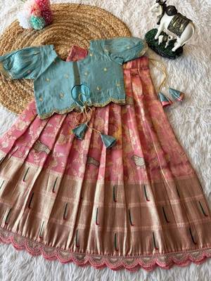 Girls skyblue silk crop choli with zari weaving work wedding lehenga set 2