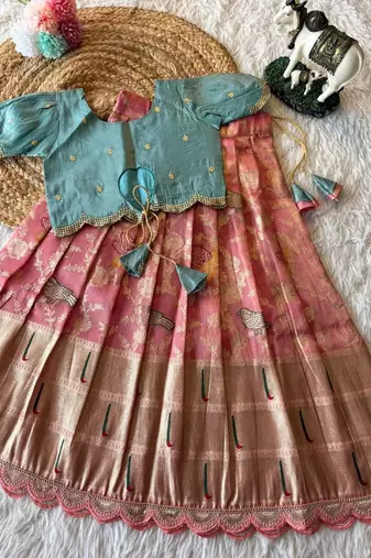 Girls skyblue silk crop choli with zari weaving work wedding lehenga set