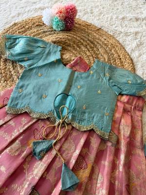 Girls skyblue silk crop choli with zari weaving work wedding lehenga set 3