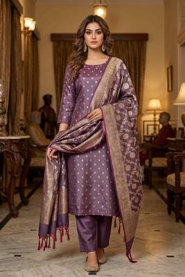 Banarasi cotton semi silk 3pcs unstiched dress material in wine colour with zari booti work 1