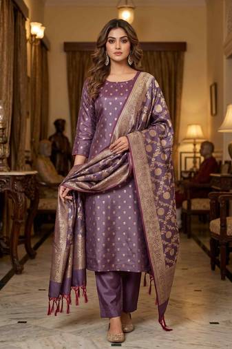 Banarasi cotton semi silk 3pcs unstiched dress material in wine colour with zari booti work