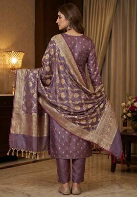 Banarasi cotton semi silk 3pcs unstiched dress material in wine colour with zari booti work 2