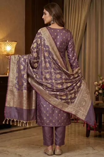 Banarasi cotton semi silk 3pcs unstiched dress material in wine colour with zari booti work