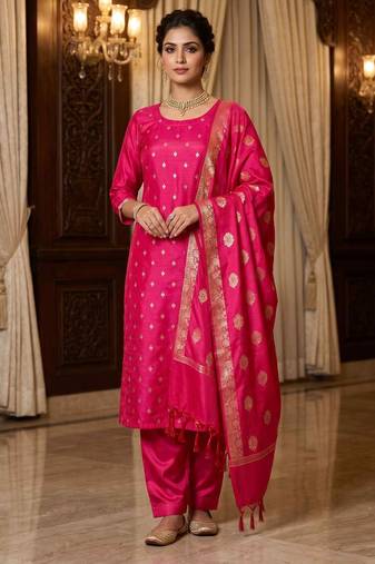 Banarasi cotton semi silk 3pcs unstiched dress material in rani pink colour with zari booti work