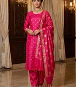 Banarasi cotton semi silk 3pcs unstiched dress material in rani pink colour with zari booti work